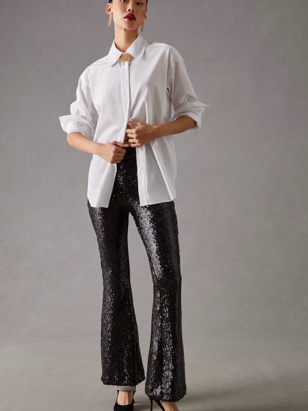 Anthropologie Black Sequin Flare Pants